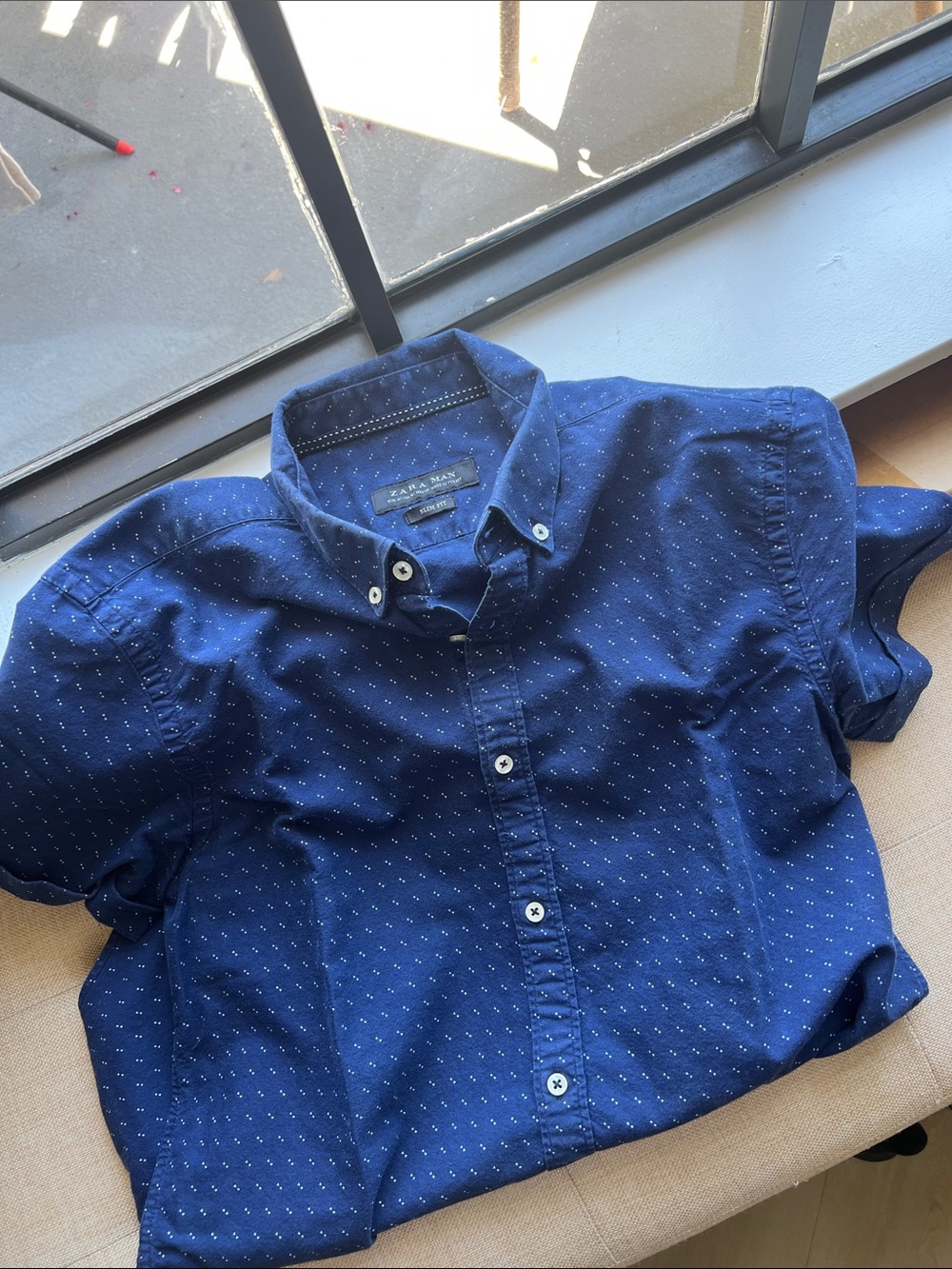 Zara Navy Short Sleeve Button-Down with Micro Dot Print - Picture 8 of 10